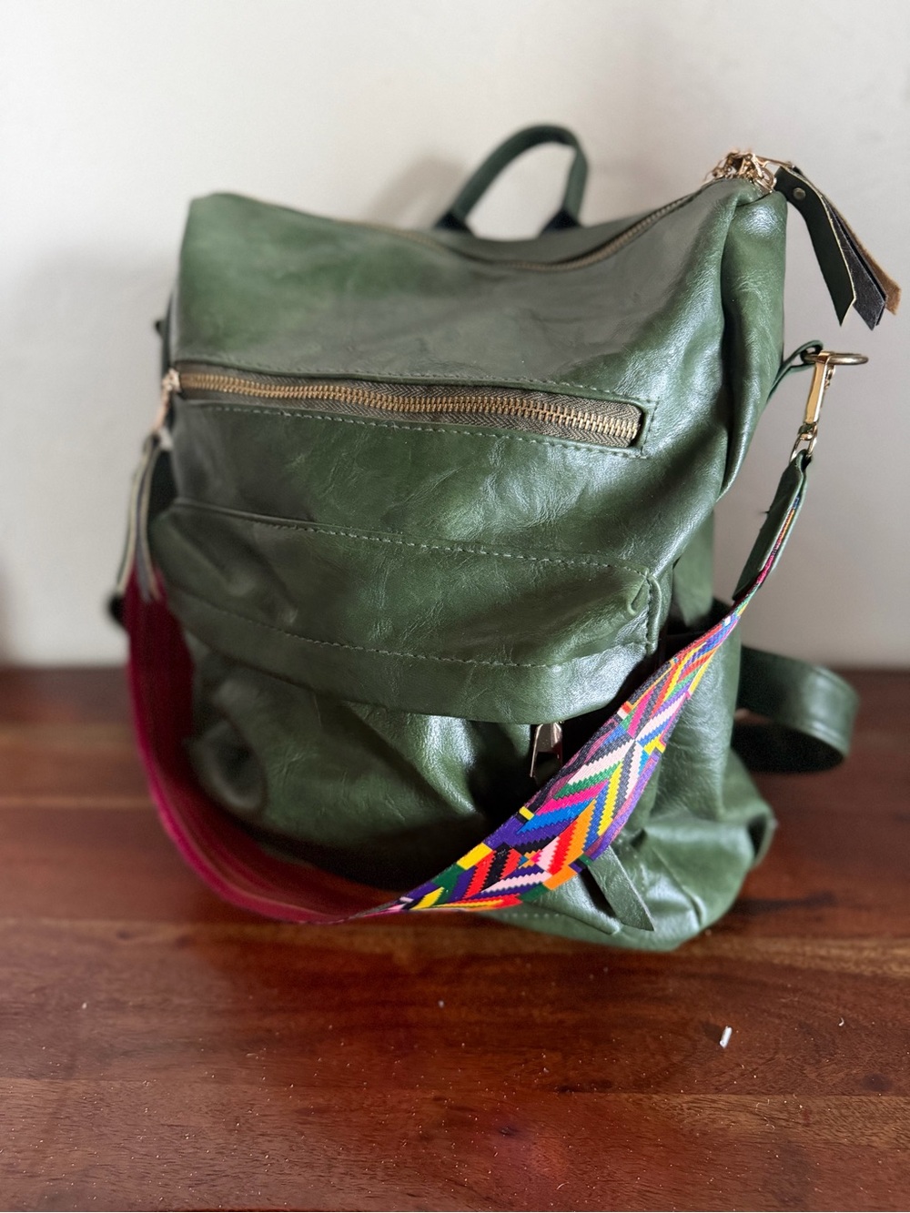Olive Green Vegan Leather Backpack Purse Convertable Bag With Colorful Strap